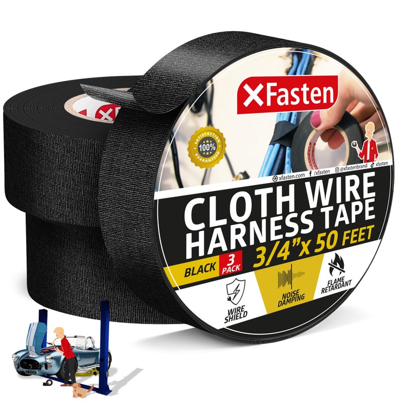 XFasten شريط توصيل الأسلاك XFasten، 3/4 بوصة × 50 قدم (عبوة 3)، غلاف أسلاك عالي الحرارة، شريط كهربائي من قماش شعري ذاتي اللصق لمحركات السيارات، تقليل الضوضاء، وحماية الكابلات - Image 1